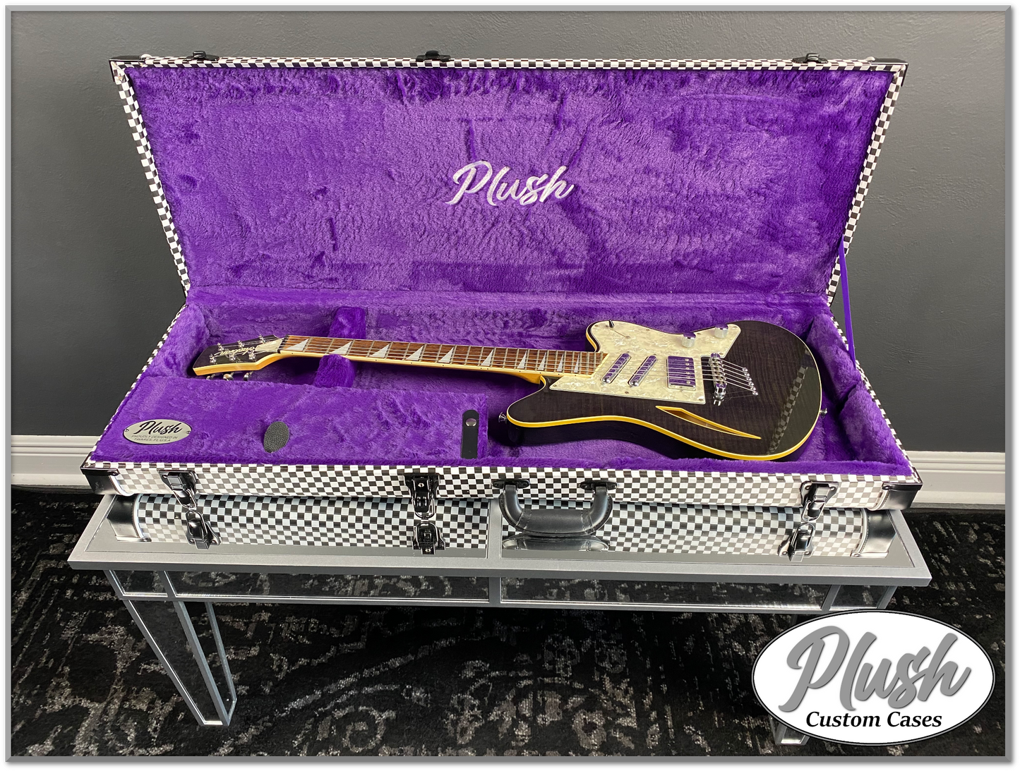 PlushCaster Tele®/Strat® Custom Guitar Case Black & White Checkerboard with Purple Fur