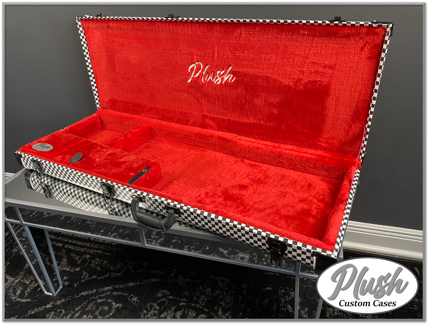 PlushMaster Jazz/Offset size Custom Guitar Case Black & White Checkerboard with Red Fur