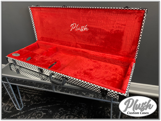 PlushMaster Jazz/Offset size Custom Guitar Case Black & White Checkerboard with Red Fur