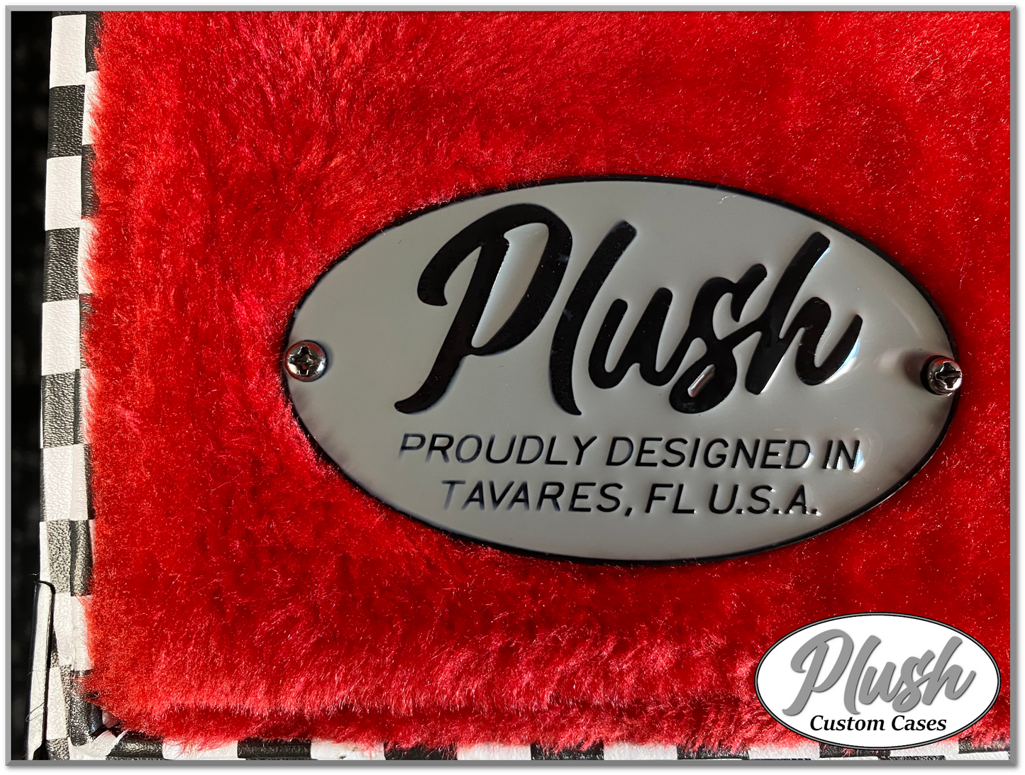 PlushMaster Jazz/Offset size Custom Guitar Case Black & White Checkerboard with Red Fur
