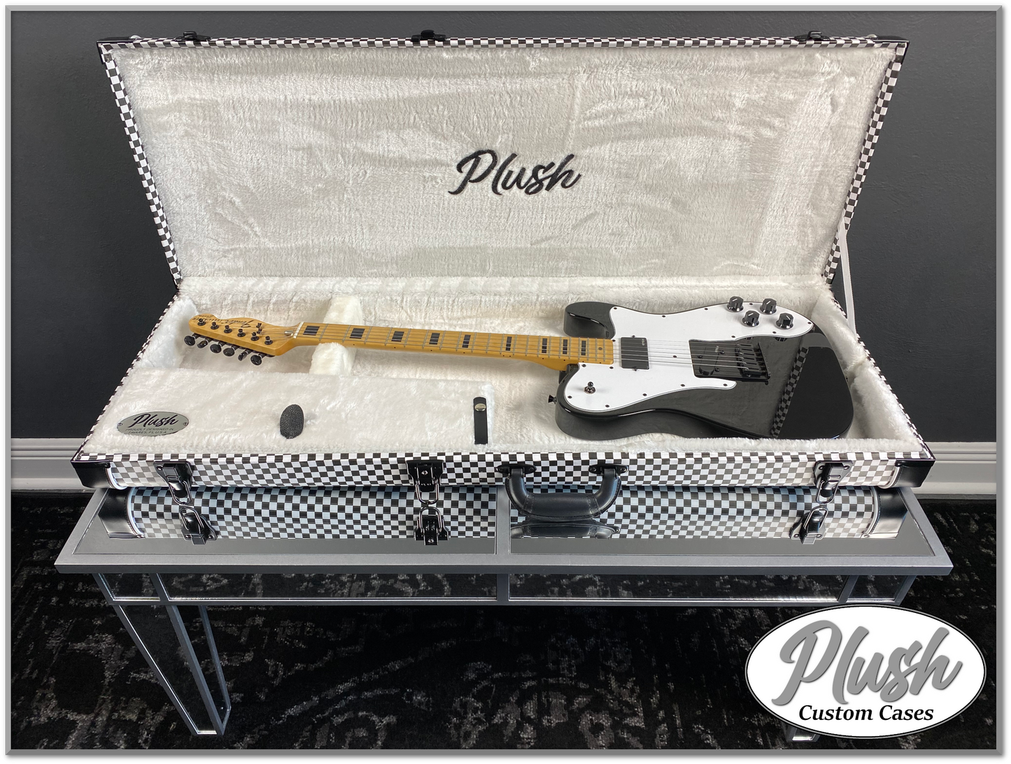 PlushCaster Tele®/Strat® Custom Guitar Case Black & White Checkerboard with White Fur