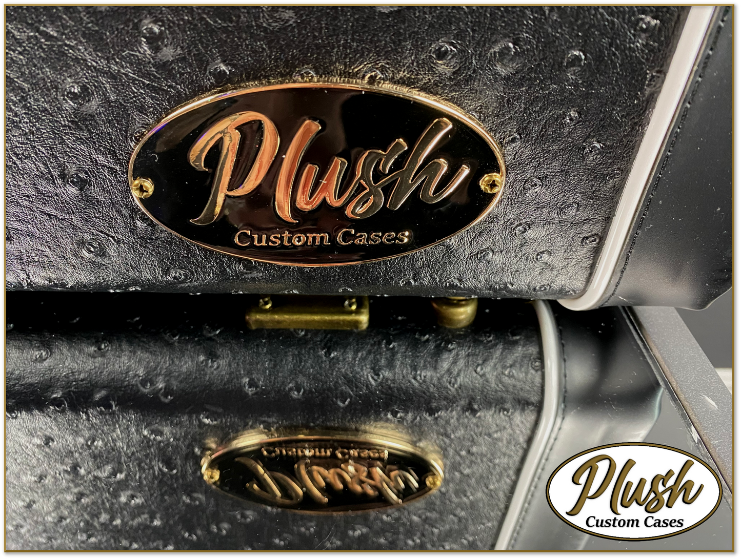 PlushMaster Jazz/Offset size Custom Guitar Case Black Ostrich with Cream Fur