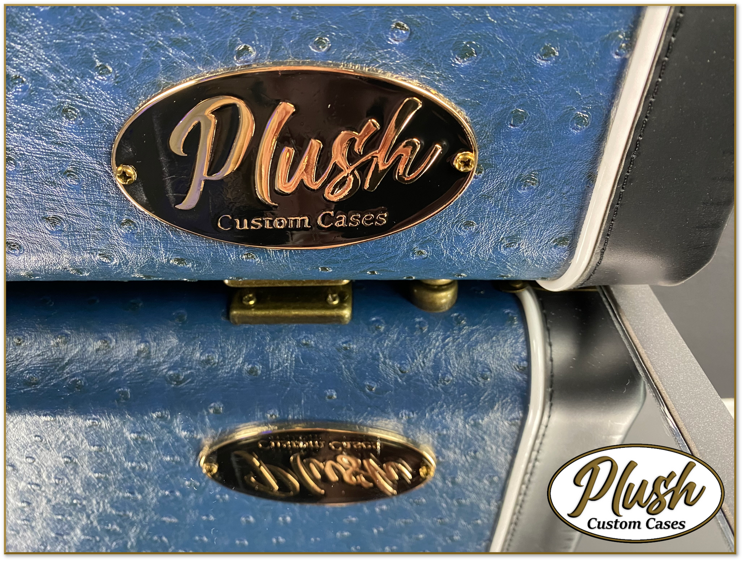 PlushMaster Jazz/Offset size Custom Guitar Case Blue Ostrich with Cream Fur