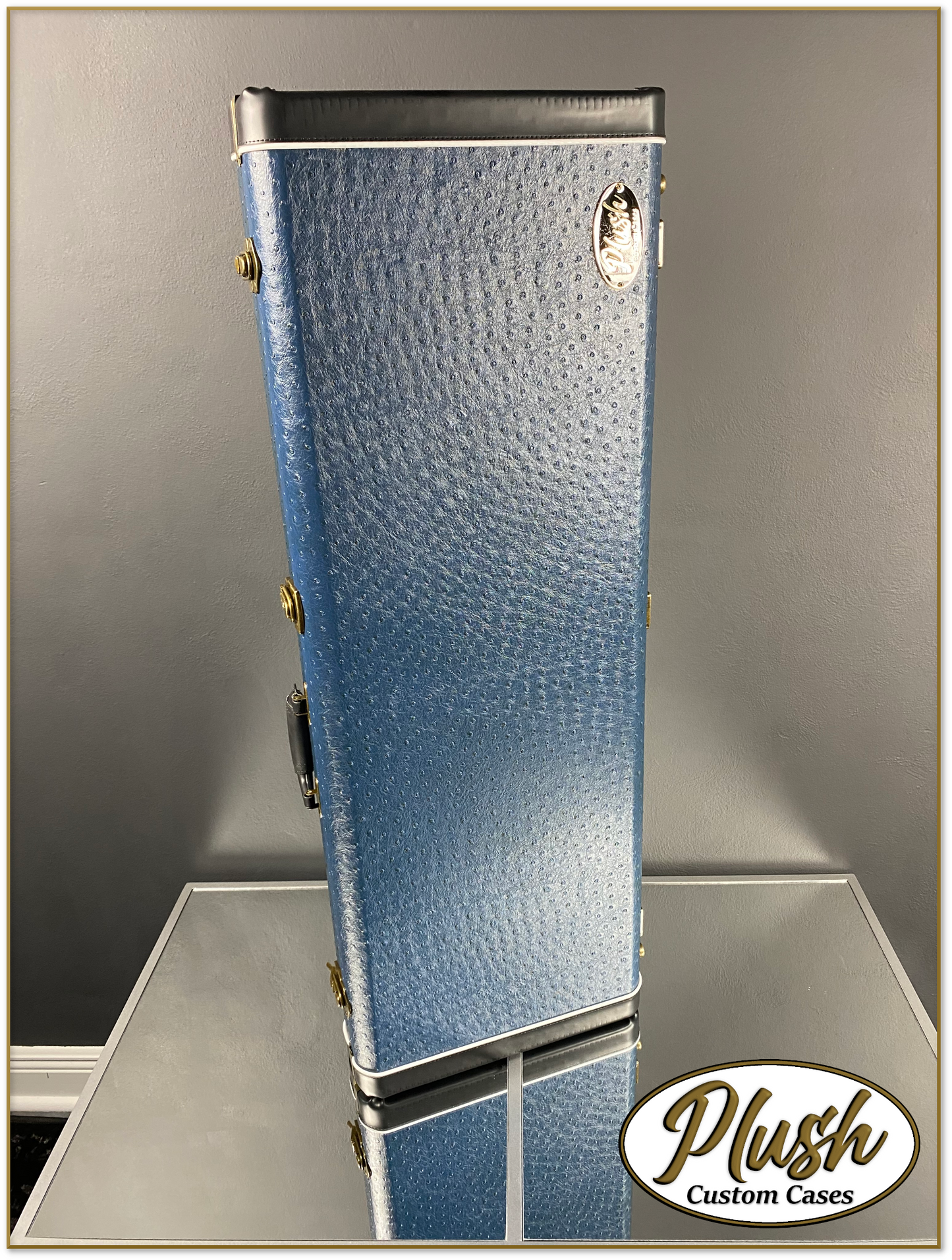 PlushMaster Jazz/Offset size Custom Guitar Case Blue Ostrich with Cream Fur