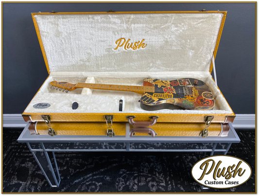 PlushCaster Tele®/Strat® Custom Guitar Case Brown Mustard Ostrich with Cream Fur