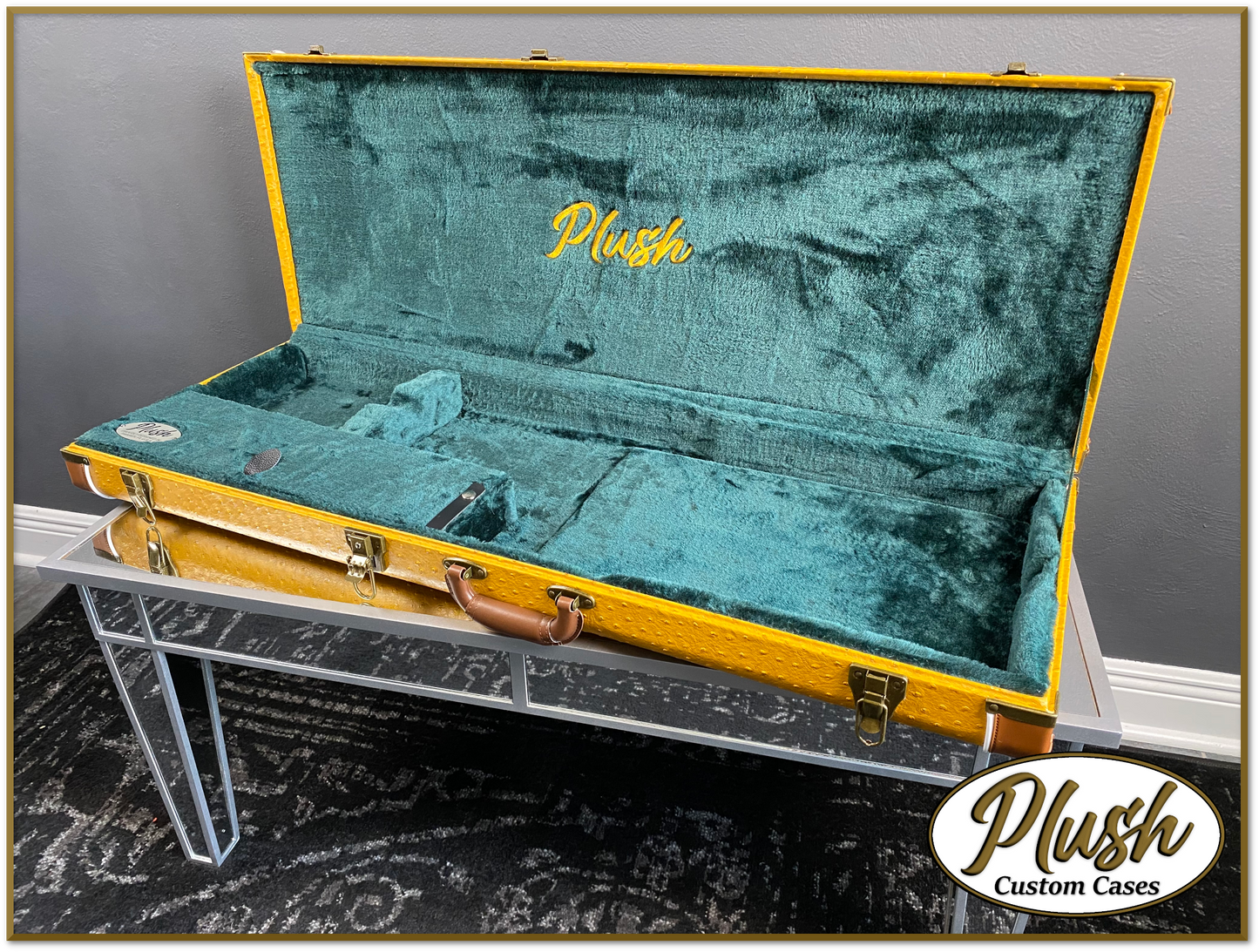 PlushCaster Tele®/Strat® Custom Guitar Case Brown Mustard Ostrich with Green Fur