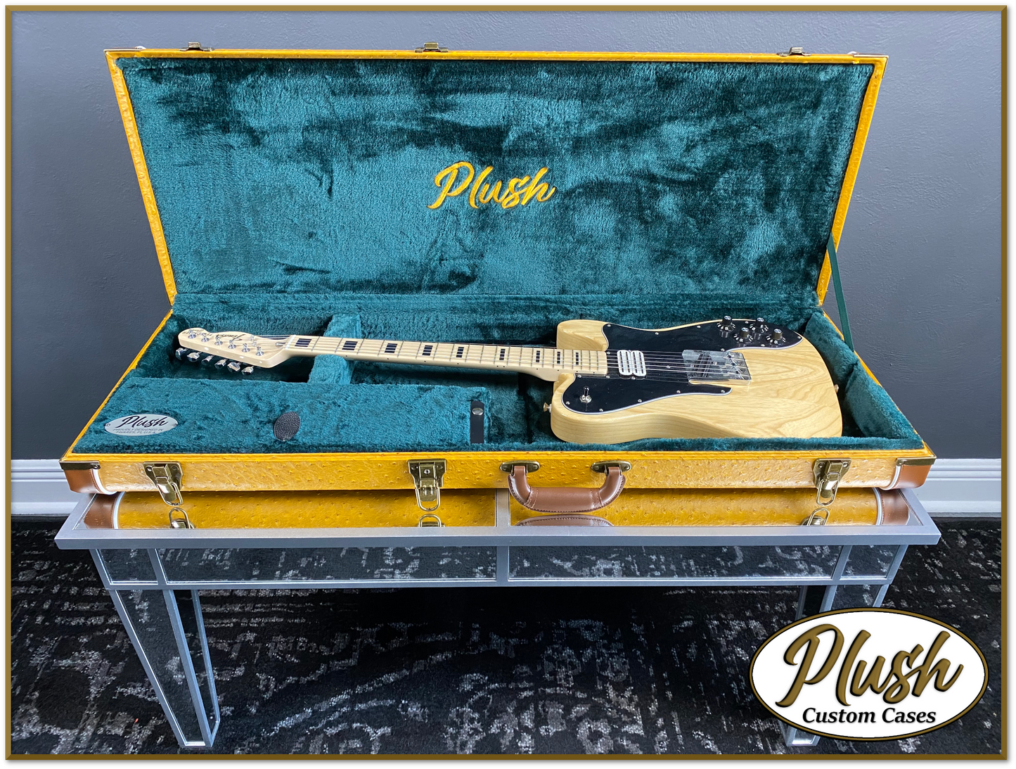 PlushCaster Tele®/Strat® Custom Guitar Case Brown Mustard Ostrich with Green Fur