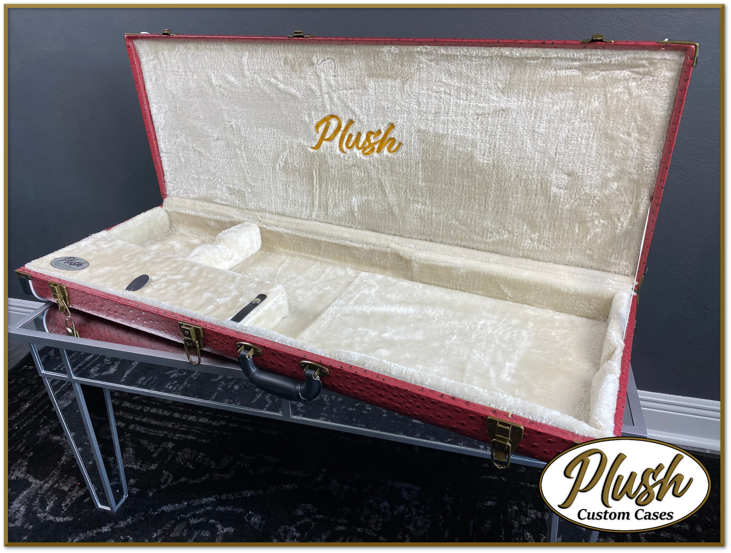 PlushCaster Tele®/Strat® Custom Guitar Case Burgundy Red Ostrich with Cream Fur