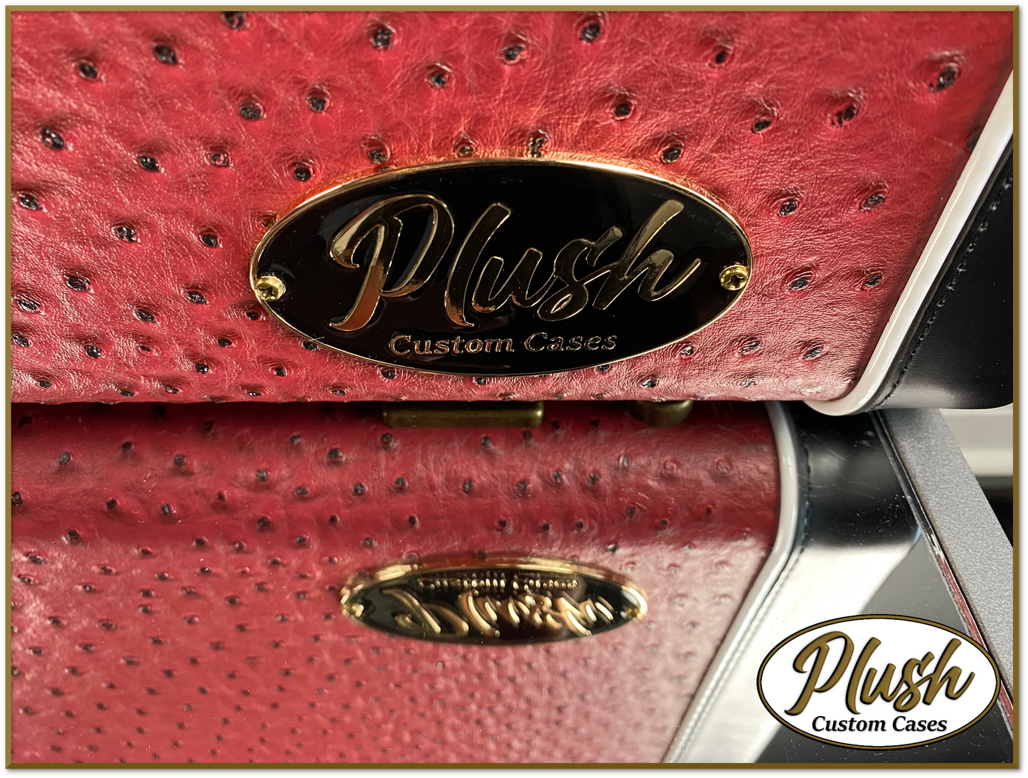 PlushCaster Tele®/Strat® Custom Guitar Case Burgundy Red Ostrich with Cream Fur