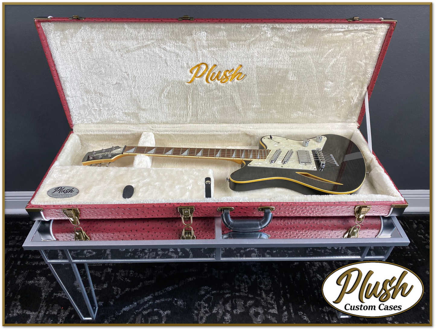 PlushCaster Tele®/Strat® Custom Guitar Case Burgundy Red Ostrich with Cream Fur