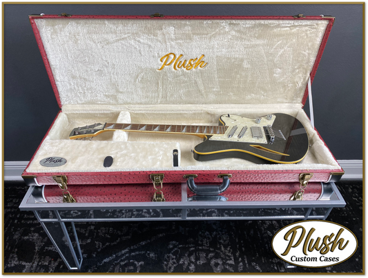 PlushCaster Tele®/Strat® Custom Guitar Case Burgundy Red Ostrich with Cream Fur