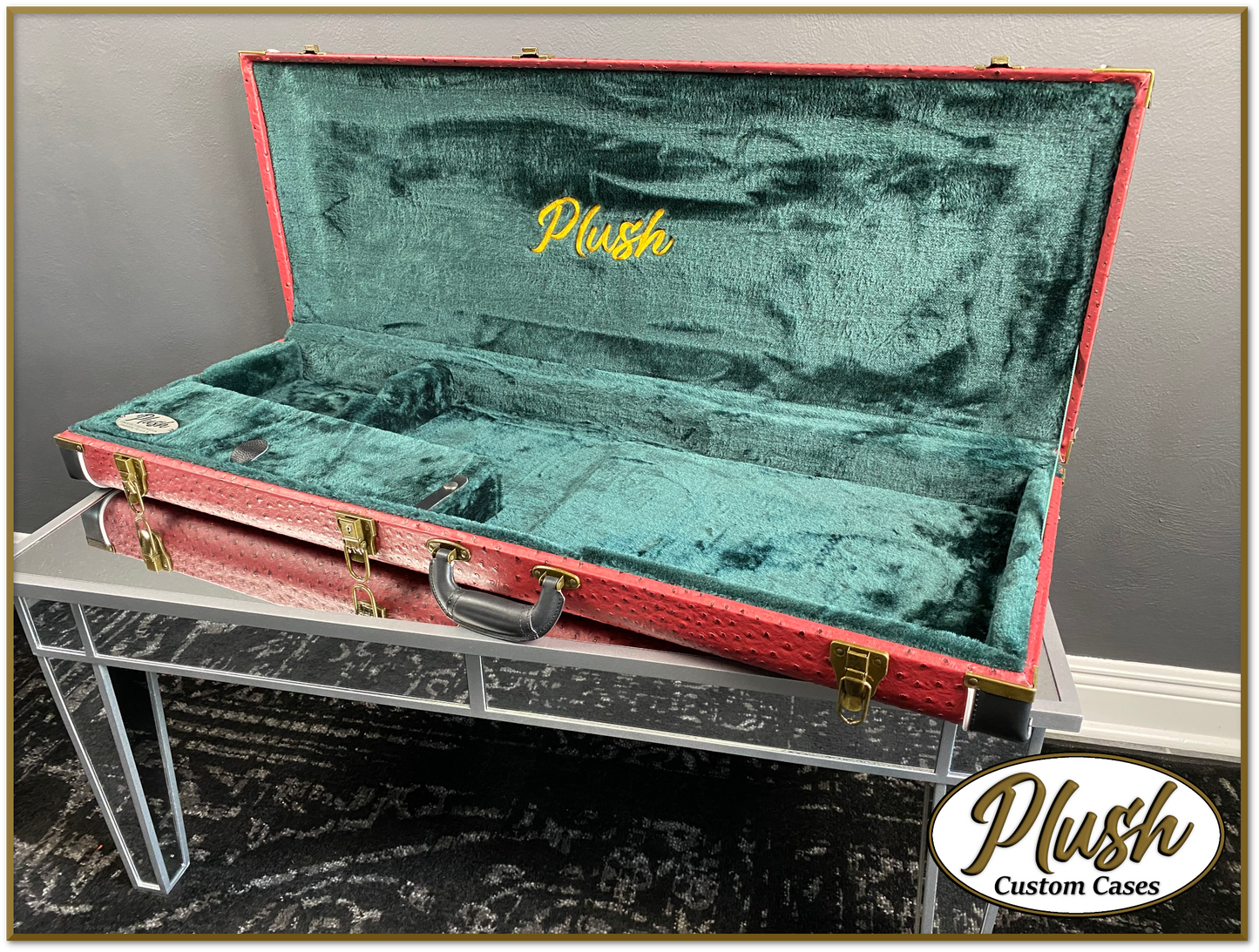 PlushCaster Tele®/Strat® Custom Guitar Case Burgundy Red Ostrich with Green Fur