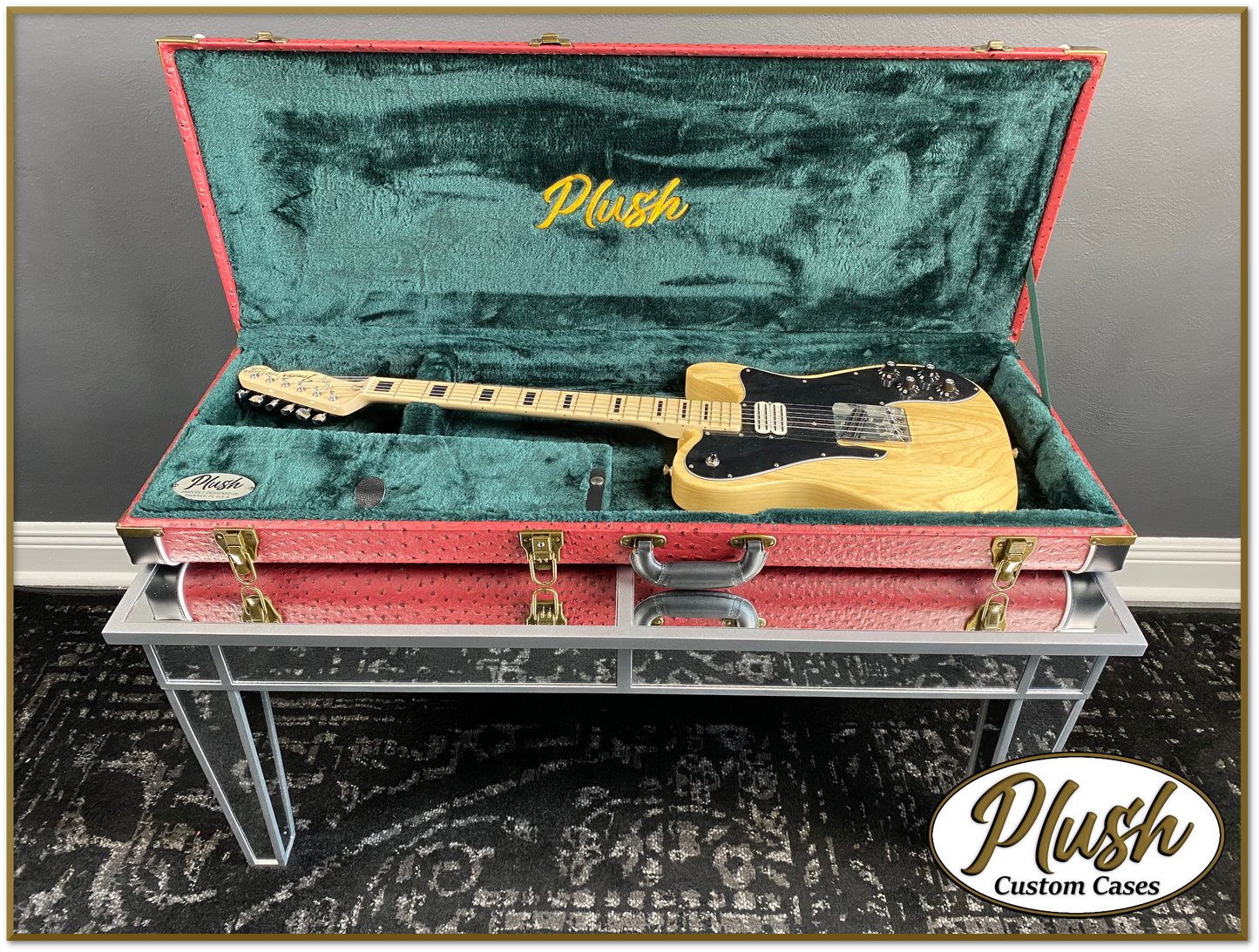 PlushCaster Tele®/Strat® Custom Guitar Case Burgundy Red Ostrich with Green Fur