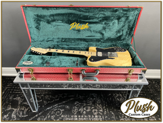 PlushCaster Tele®/Strat® Custom Guitar Case Burgundy Red Ostrich with Green Fur