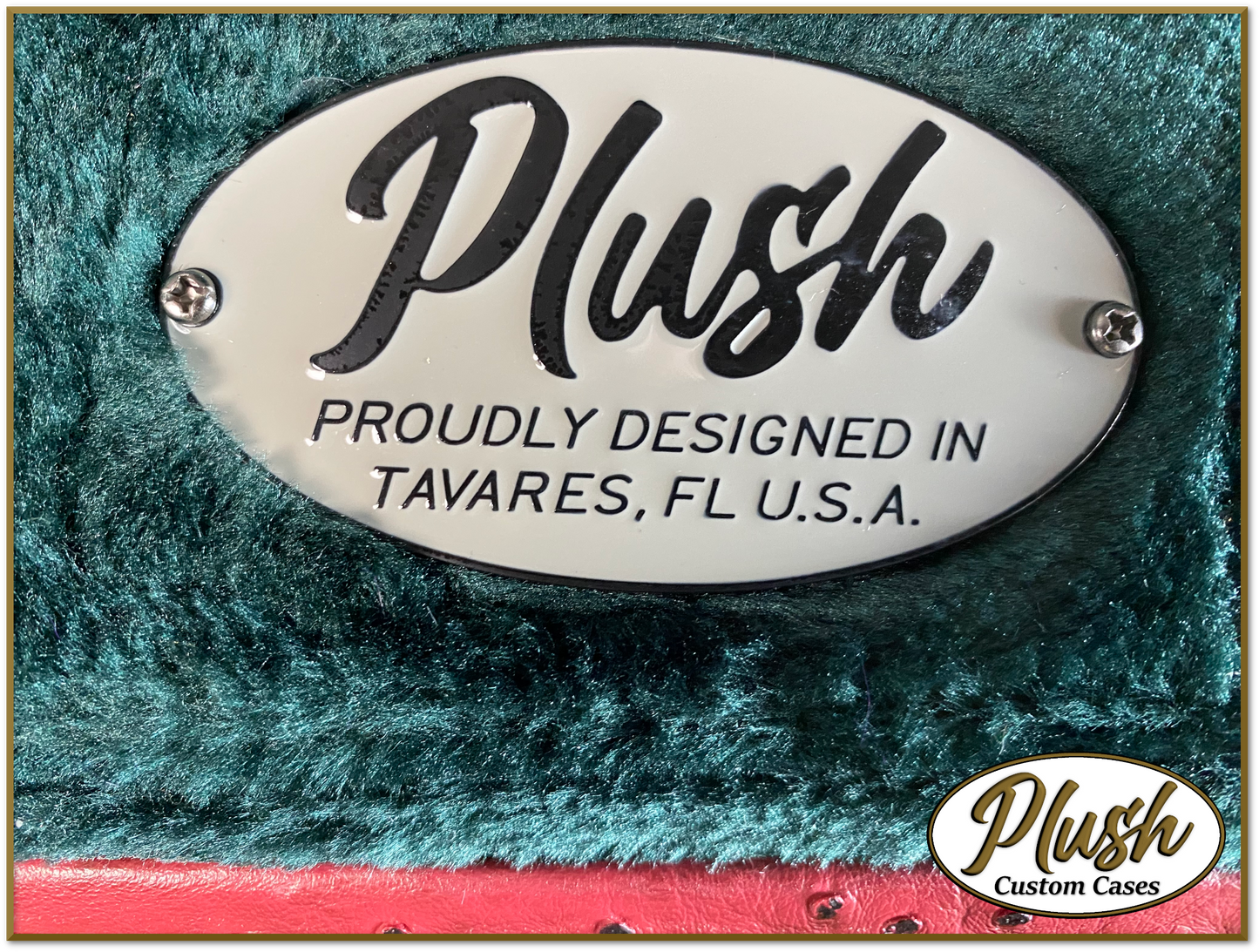 PlushCaster Tele®/Strat® Custom Guitar Case Burgundy Red Ostrich with Green Fur