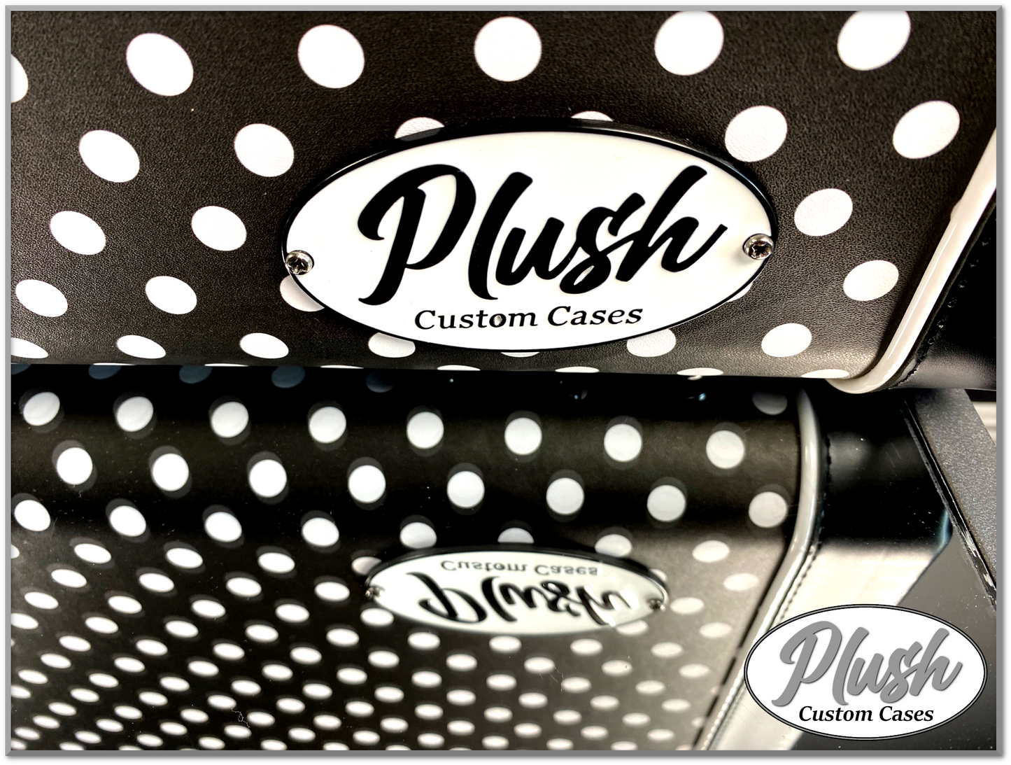 PlushMaster Jazz/Offset size Custom Guitar Case Black & White Polka Dots with White Fur