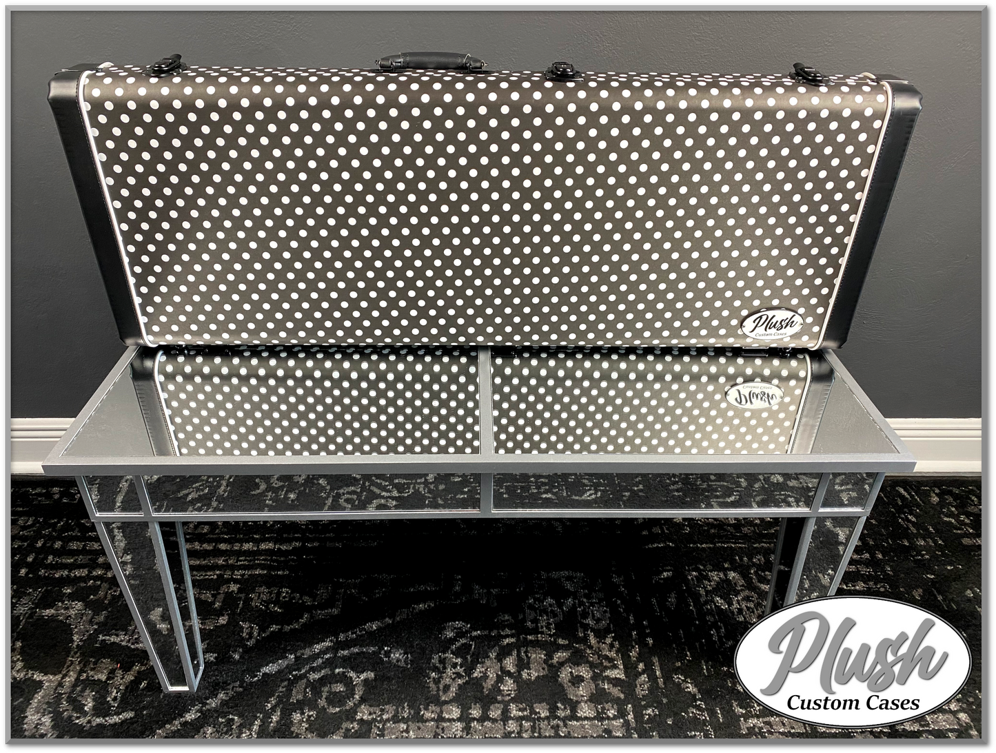 PlushMaster Jazz/Offset size Custom Guitar Case Black & White Polka Dots with White Fur