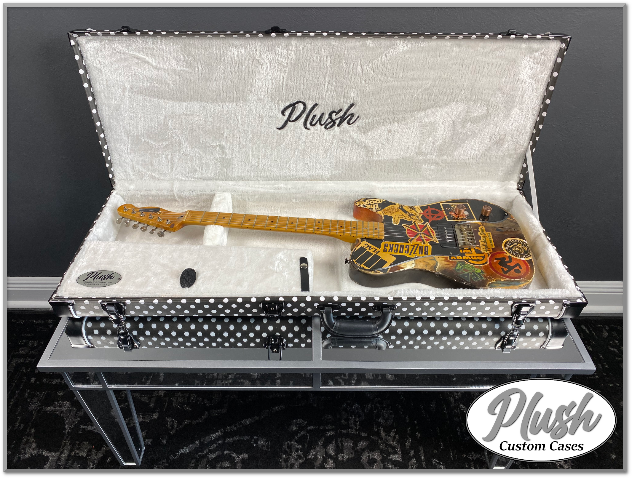 Custom Tele Case PlushCaster Tele®/Strat® Custom Guitar Case Black & White Polka Dots w ...