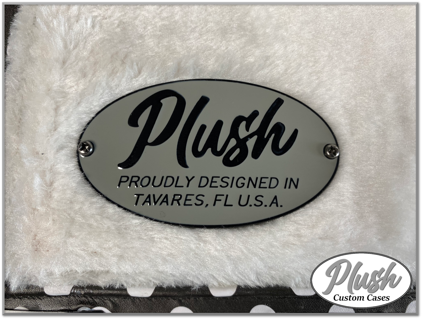 PlushMaster Jazz/Offset size Custom Guitar Case Black & White Polka Dots with White Fur