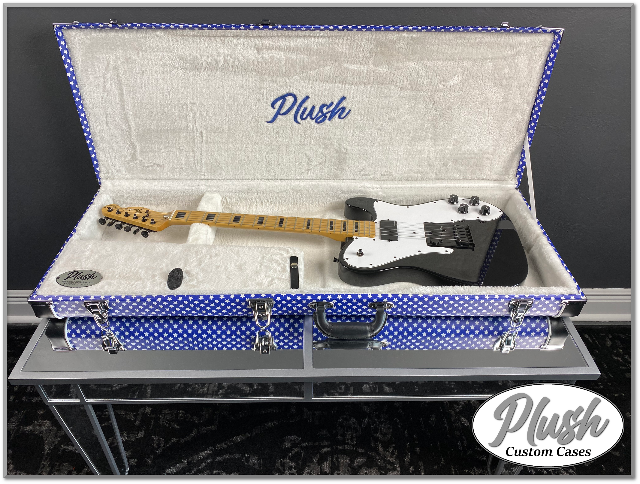 Custom Tele Case PlushCaster Tele®/Strat® Custom Guitar Case Blue & White Stars with Wh ...