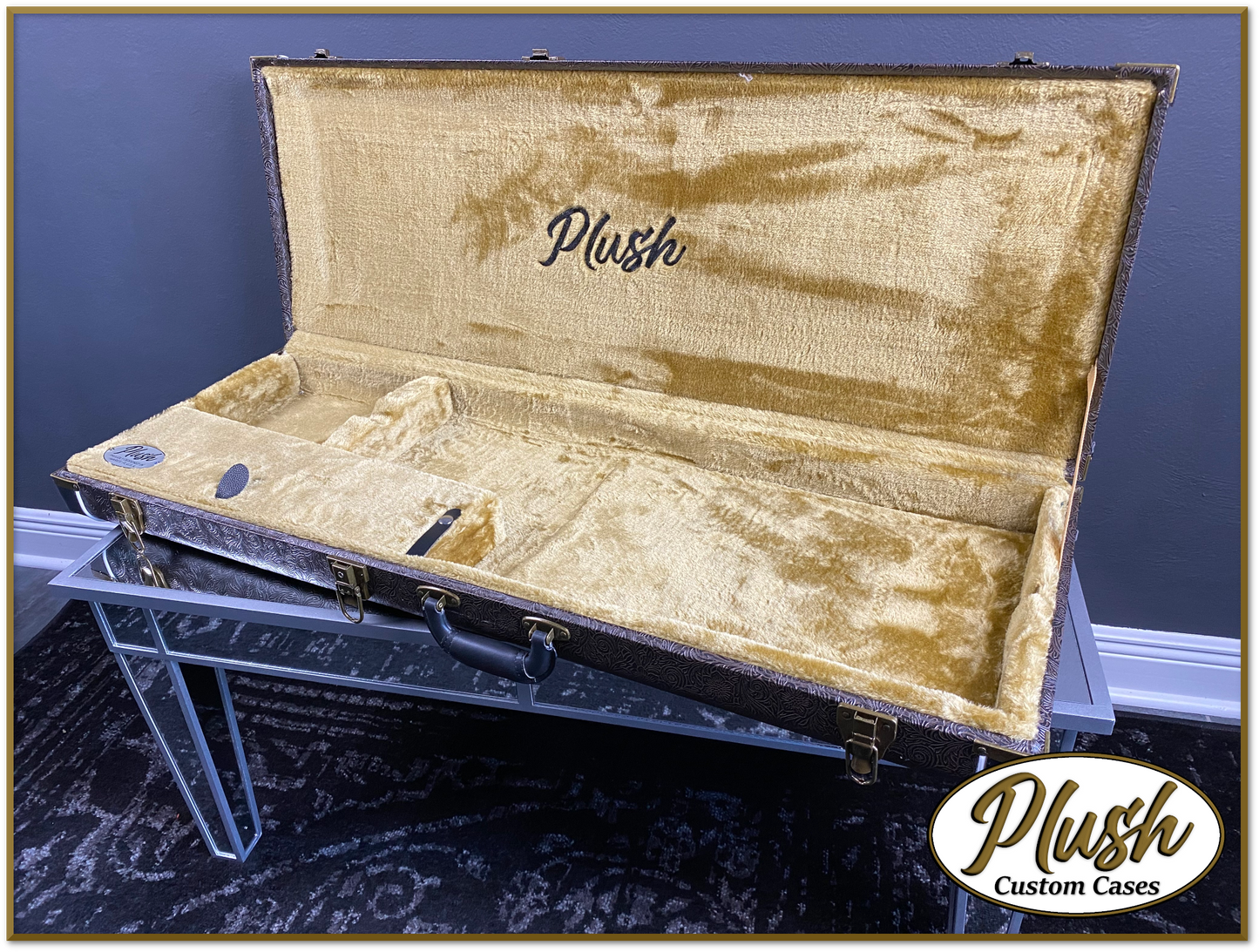 PlushCaster Tele®/Strat® Custom Guitar Case Tooled Leather Pattern 02 Black over Dark Brown with Bronze Fur