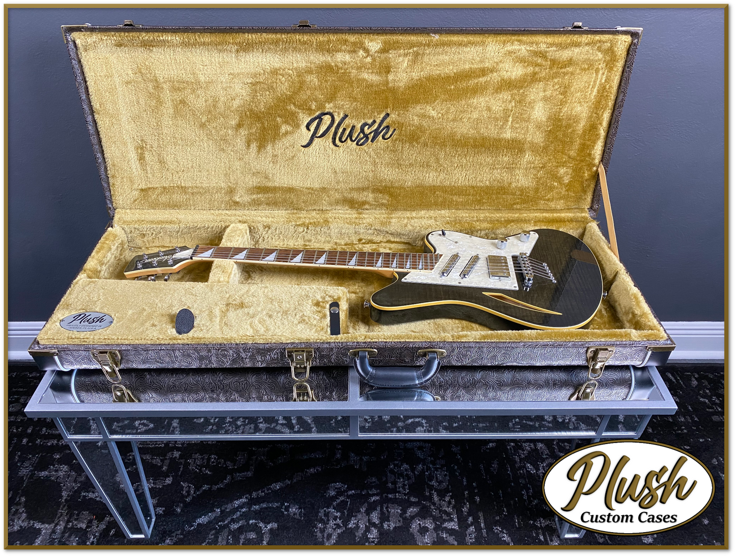 PlushCaster Tele®/Strat® Custom Guitar Case Tooled Leather Pattern 02 Black over Dark Brown with Bronze Fur