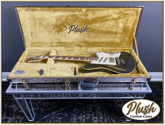 PlushCaster Tele®/Strat® Custom Guitar Case Tooled Leather Pattern 02 Black over Dark Brown with Bronze Fur