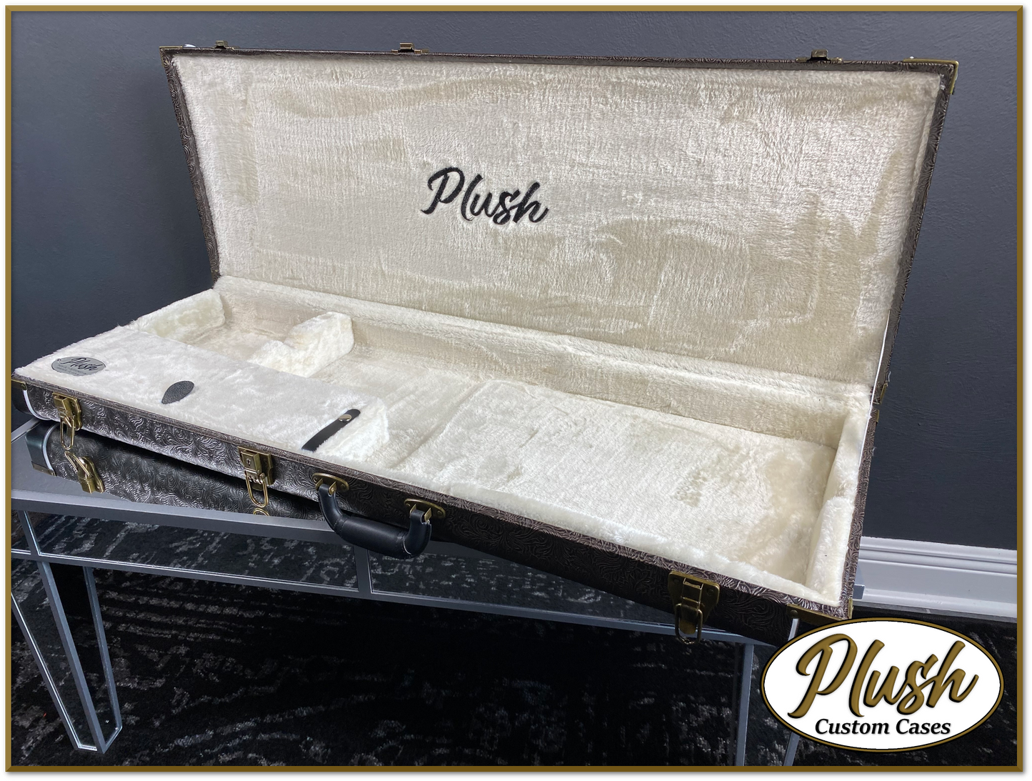 PlushCaster Tele®/Strat® Custom Guitar Case Tooled Leather Pattern 02 Black over  Dark Brown with Cream Fur