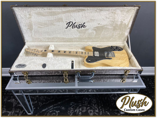 PlushCaster Tele®/Strat® Custom Guitar Case Tooled Leather Pattern 02 Black over  Dark Brown with Cream Fur