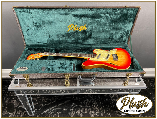 PlushCaster Tele®/Strat® Custom Guitar Case Tooled Leather Pattern 02 Black over  Dark Brown with Green Fur