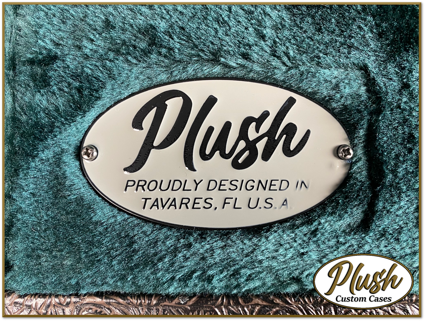 PlushMaster Jazz/Offset size Custom Guitar Case Tooled Leather Pattern 02 Black over Dark Brown with Green Fur