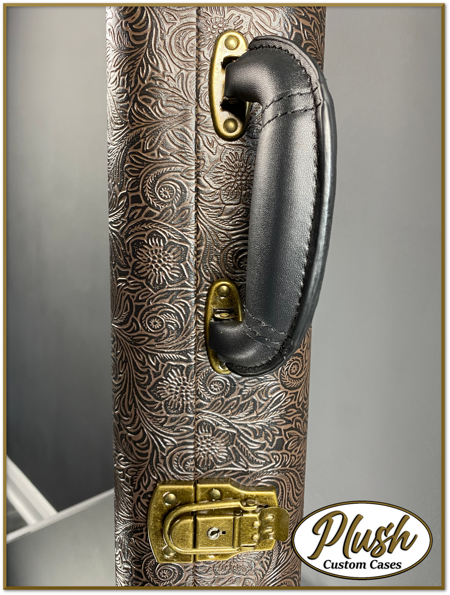 PlushMaster Jazz/Offset size Custom Guitar Case Tooled Leather Pattern 02 Black over Dark Brown with Green Fur