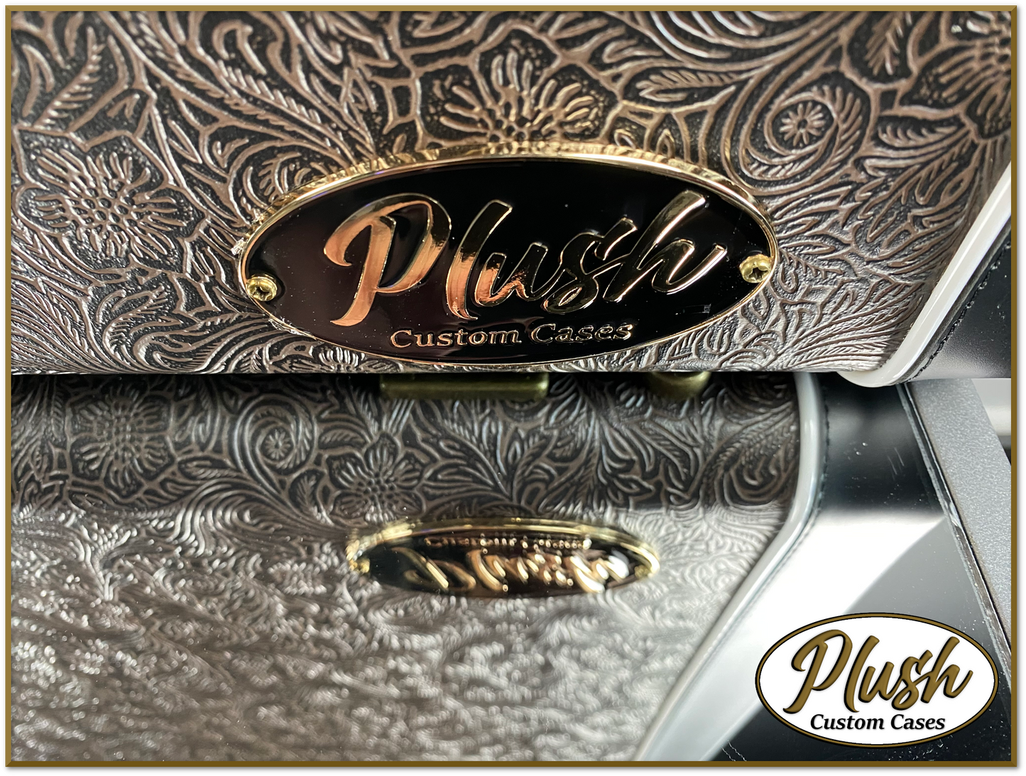 PlushCaster Tele®/Strat® Custom Guitar Case Tooled Leather Pattern 02 Black over Dark Brown with Bronze Fur