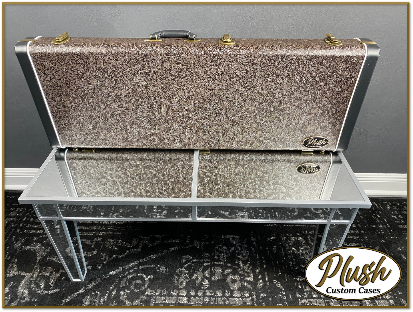 PlushCaster Tele®/Strat® Custom Guitar Case Tooled Leather Pattern 02 Black over Dark Brown with Bronze Fur