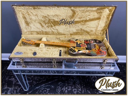 PlushCaster Tele®/Strat® Custom Guitar Case Tooled Leather Pattern 04 Black over Brown with Bronze Fur