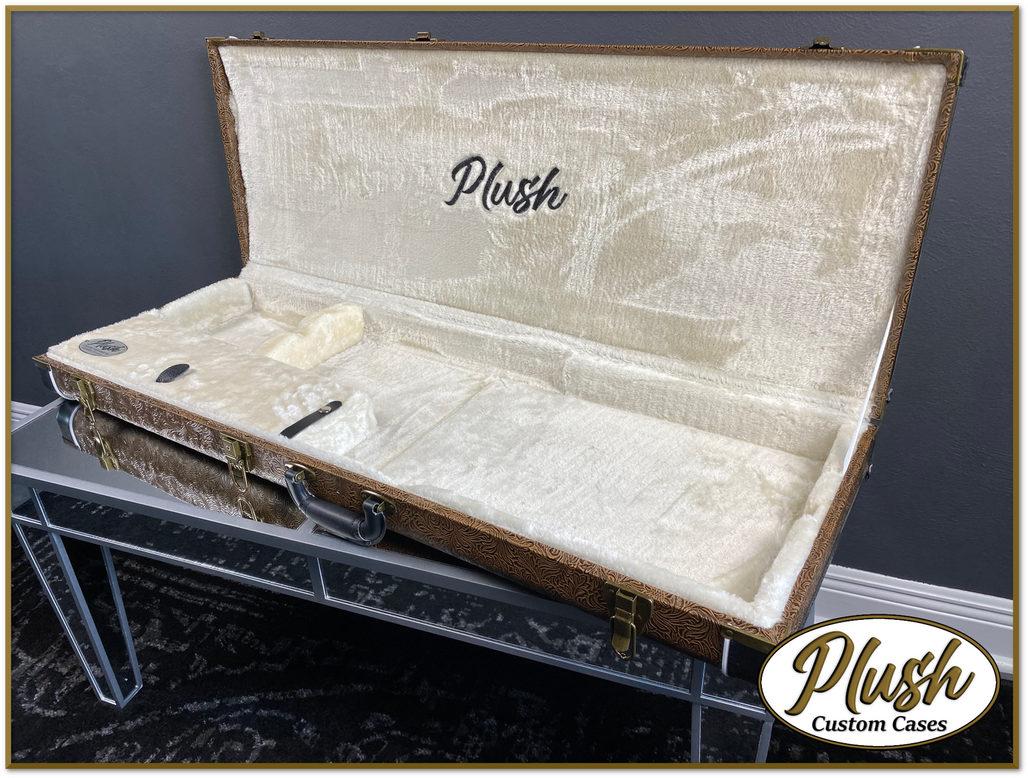 PlushCaster Tele®/Strat® Custom Guitar Case Tooled Leather Pattern 03 Black over Medium Brown with Cream