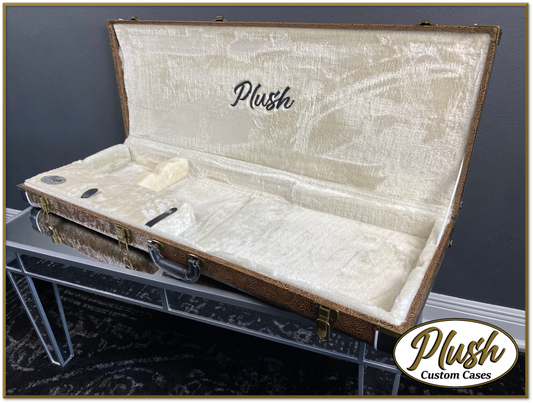 PlushMaster Jazz/Offset size Custom Guitar Case Tooled Leather Pattern 03 Black over Medium Brown with Cream Fur