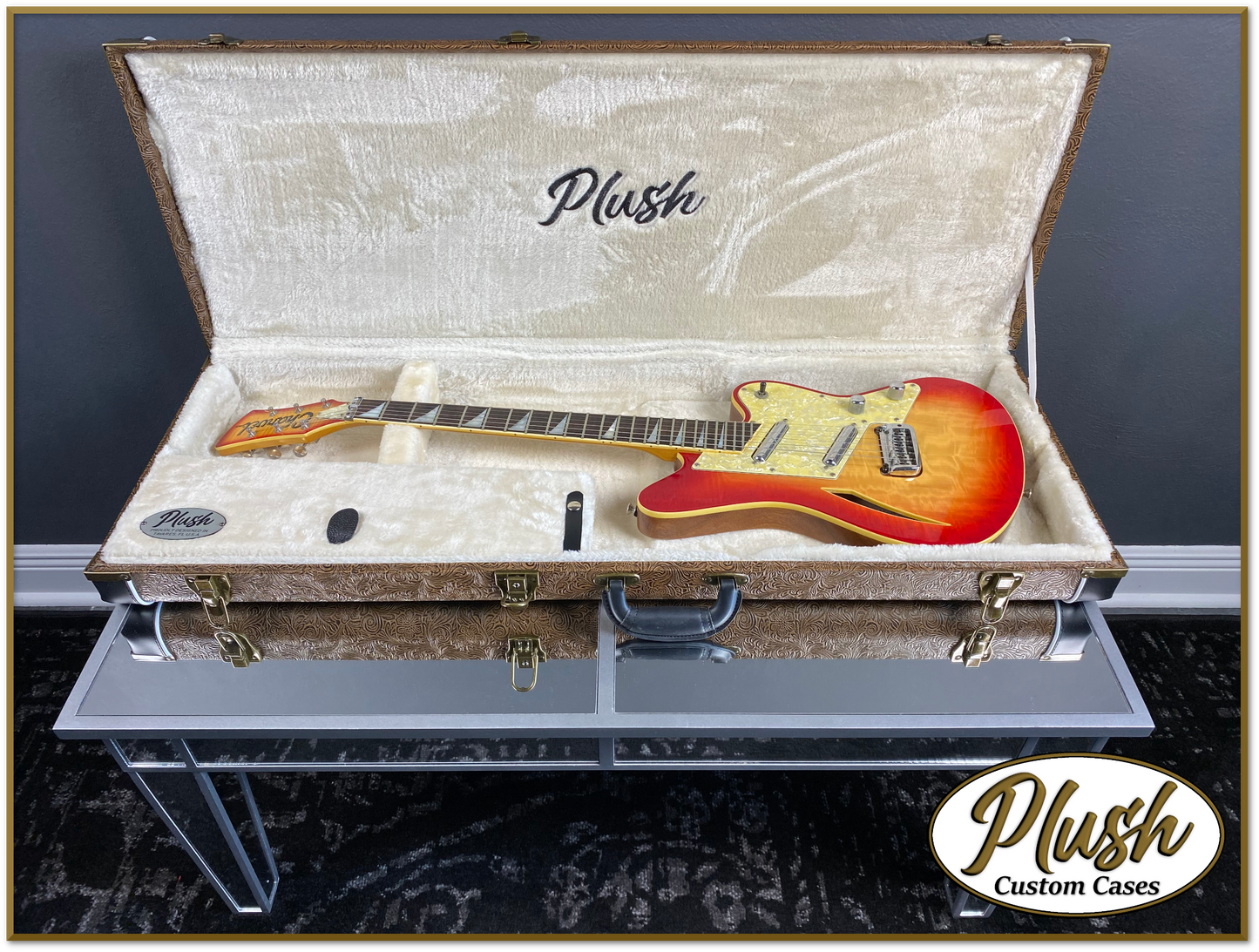 PlushCaster Tele®/Strat® Custom Guitar Case Tooled Leather Pattern 03 Black over Medium Brown with Cream
