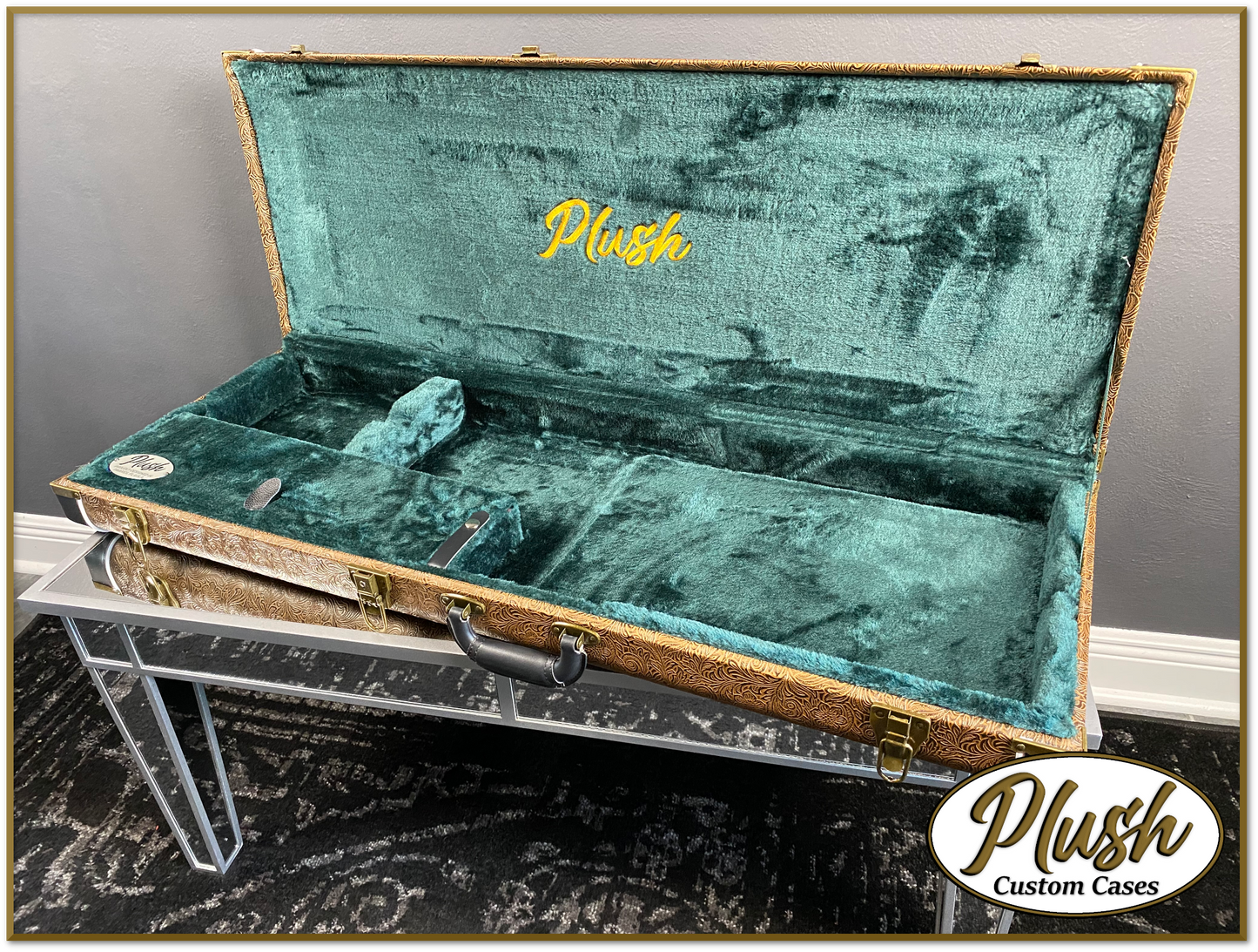 PlushCaster Tele®/Strat® Custom Guitar Case Tooled Leather Pattern 03 Black over Medium Brown with Green