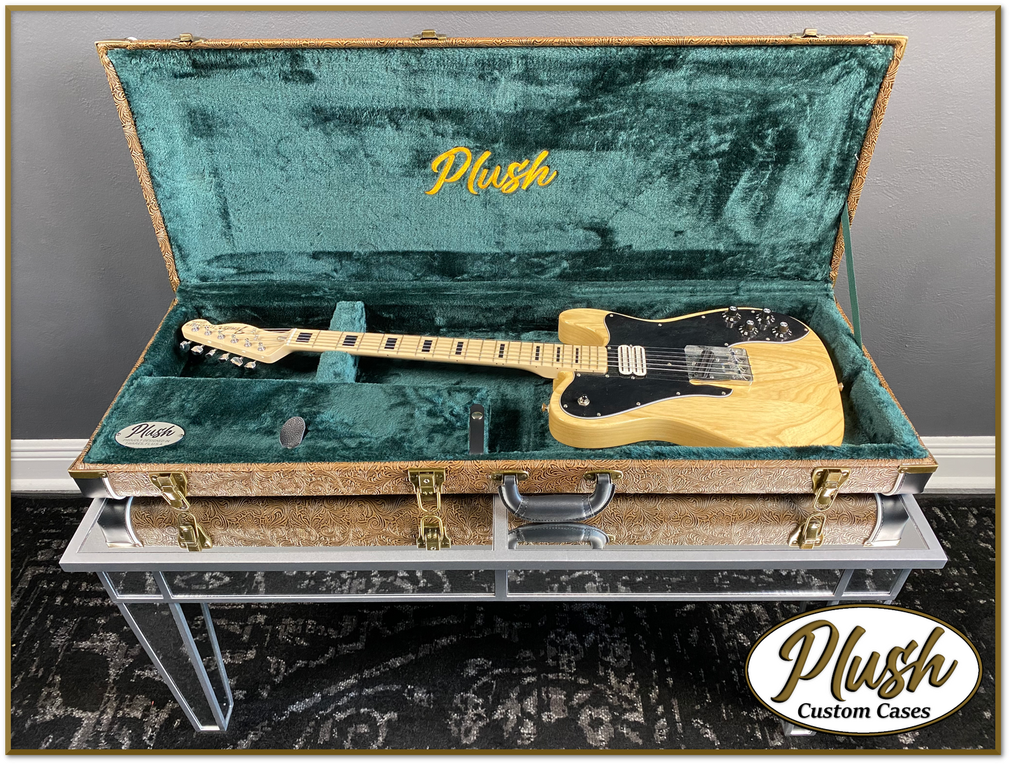 PlushCaster Tele®/Strat® Custom Guitar Case Tooled Leather Pattern 03 Black over Medium Brown with Green