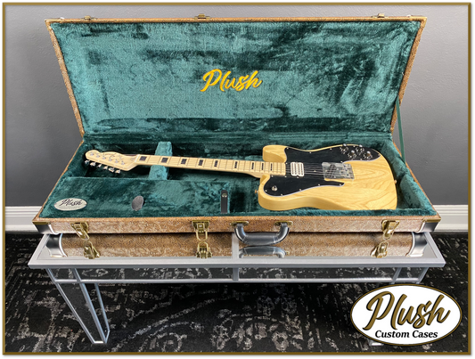 PlushCaster Tele®/Strat® Custom Guitar Case Tooled Leather Pattern 03 Black over Medium Brown with Green