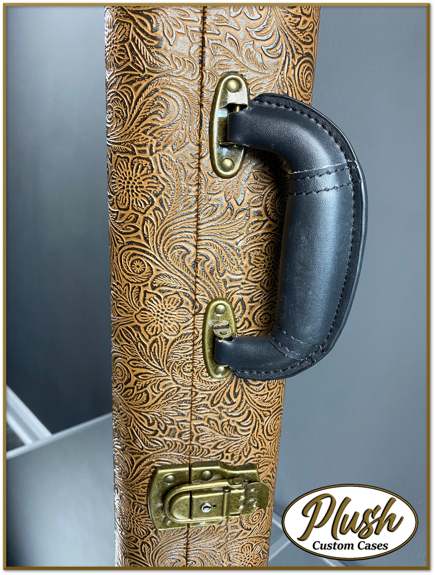 PlushCaster Tele®/Strat® Custom Guitar Case Tooled Leather Pattern 03 Black over Medium Brown with Cream
