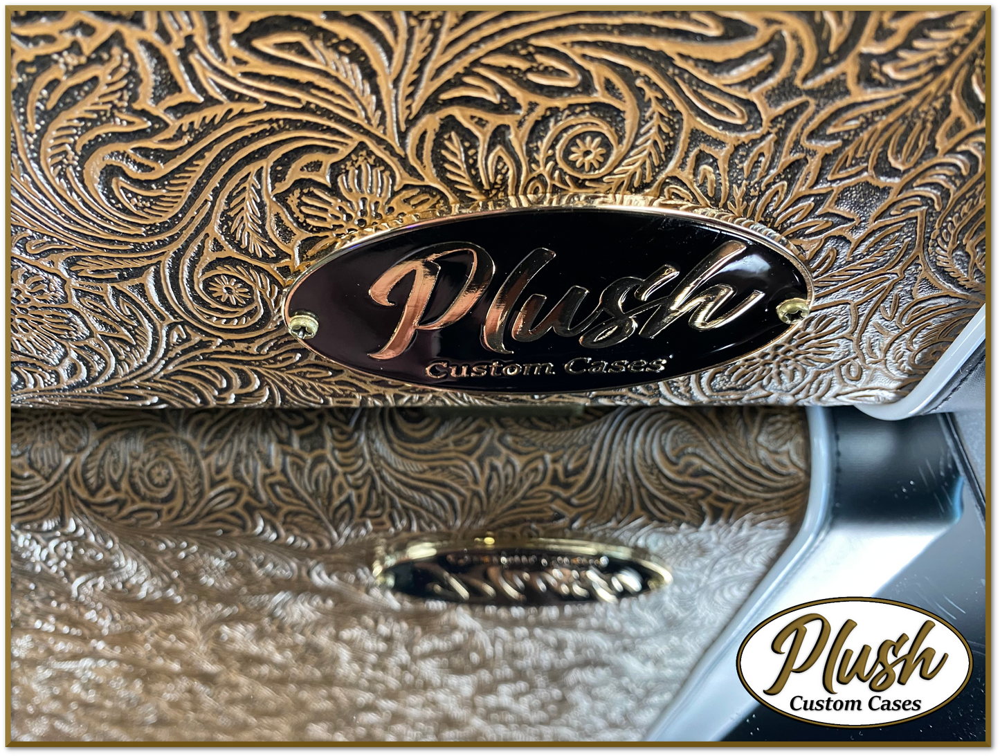 PlushCaster Tele®/Strat® Custom Guitar Case Tooled Leather Pattern 03 Black over Medium Brown with Green