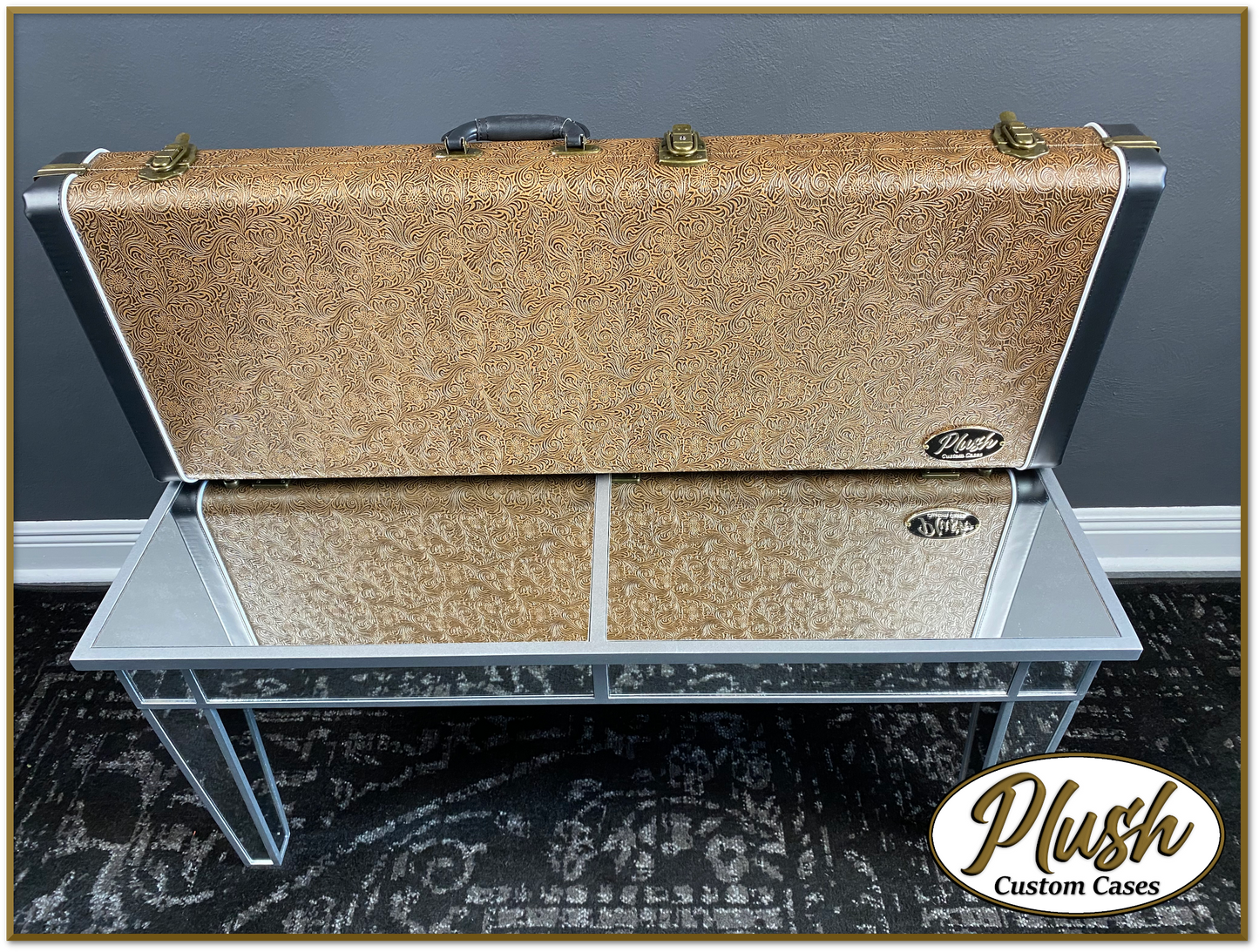 PlushCaster Tele®/Strat® Custom Guitar Case Tooled Leather Pattern 03 Black over Medium Brown with Green