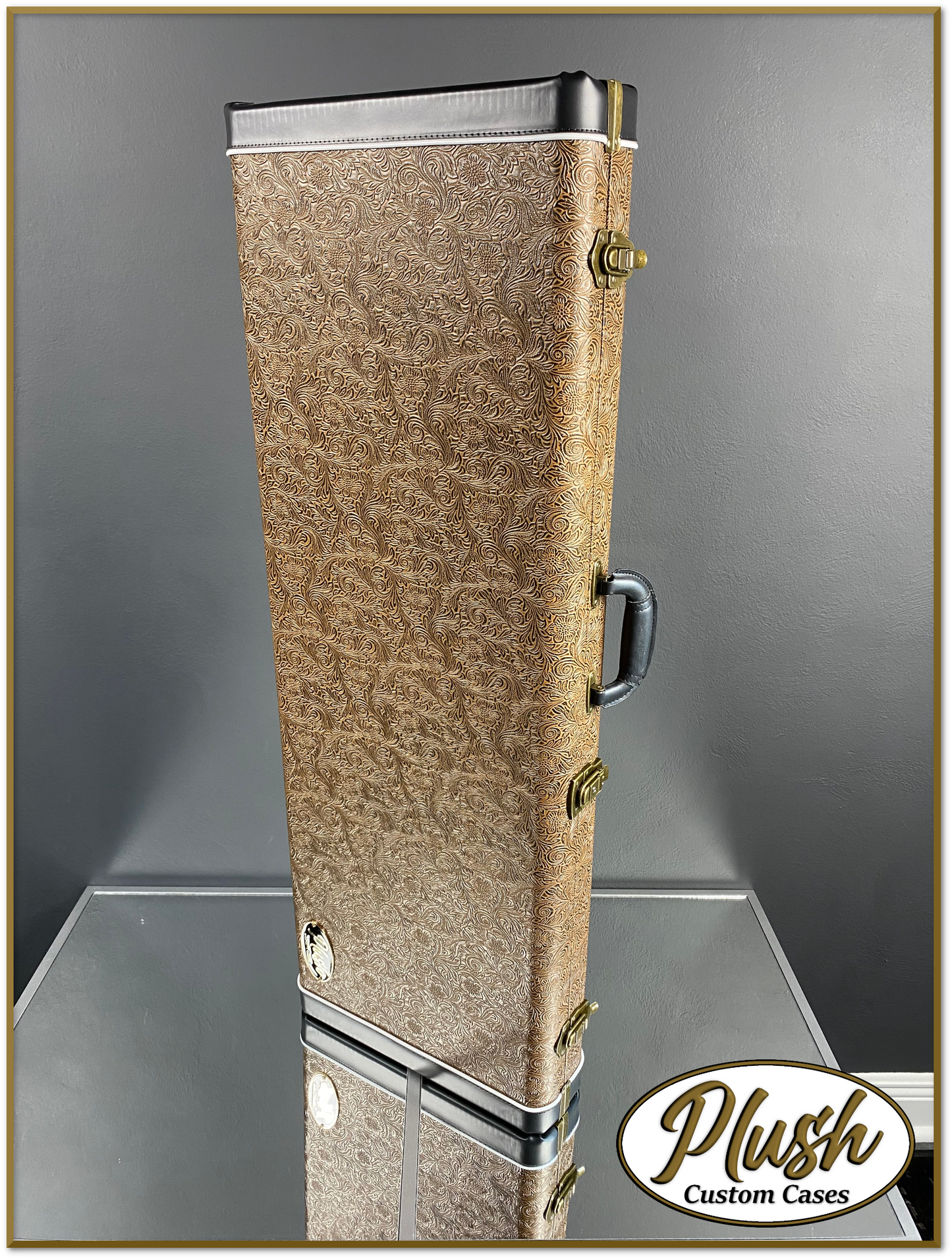 PlushCaster Tele®/Strat® Custom Guitar Case Tooled Leather Pattern 03 Black over Medium Brown with Green