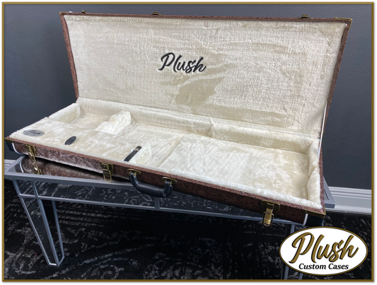 PlushMaster Jazz/Offset size Custom Guitar Case Tooled Leather Pattern 04 Black over Brown with Cream Fur