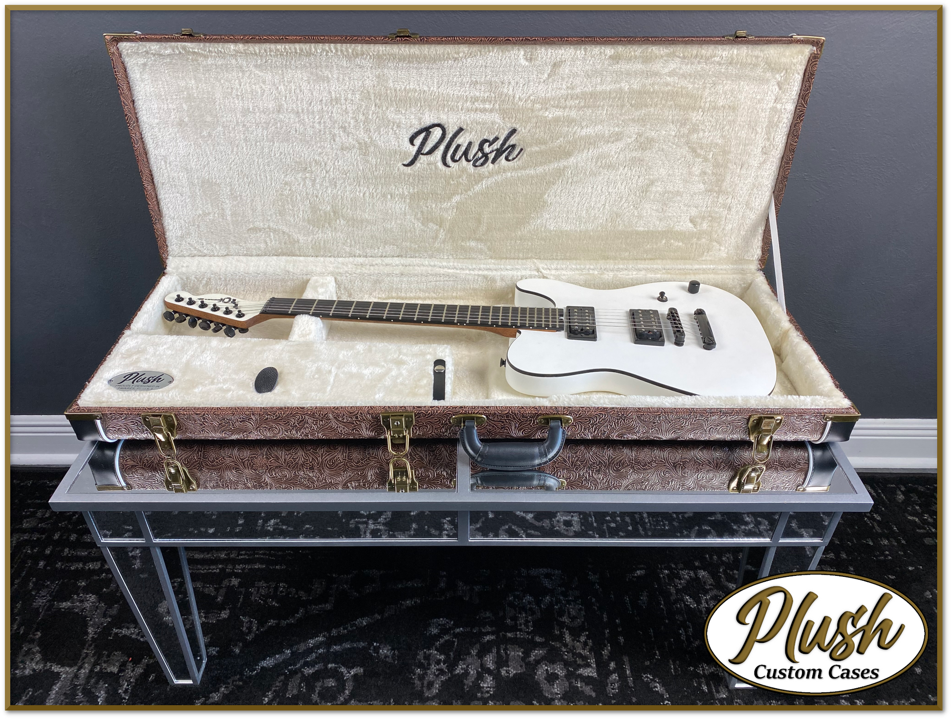 PlushCaster Tele Strat Custom Guitar Case Tooled Leather Pattern 05 Black over Brown with Cream Fur