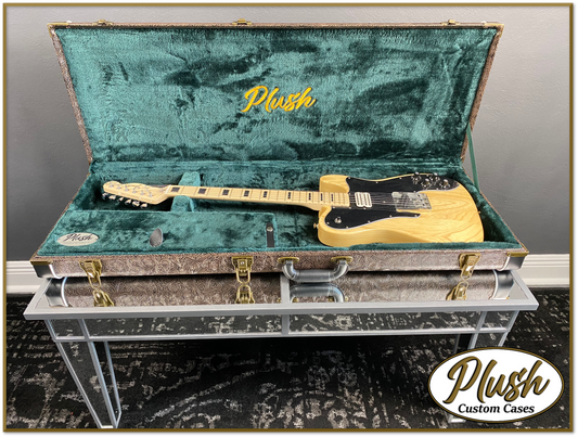 PlushCaster Tele®/Strat® Custom Guitar Case Tooled Leather Pattern 04 Black over Brown with Green Fur