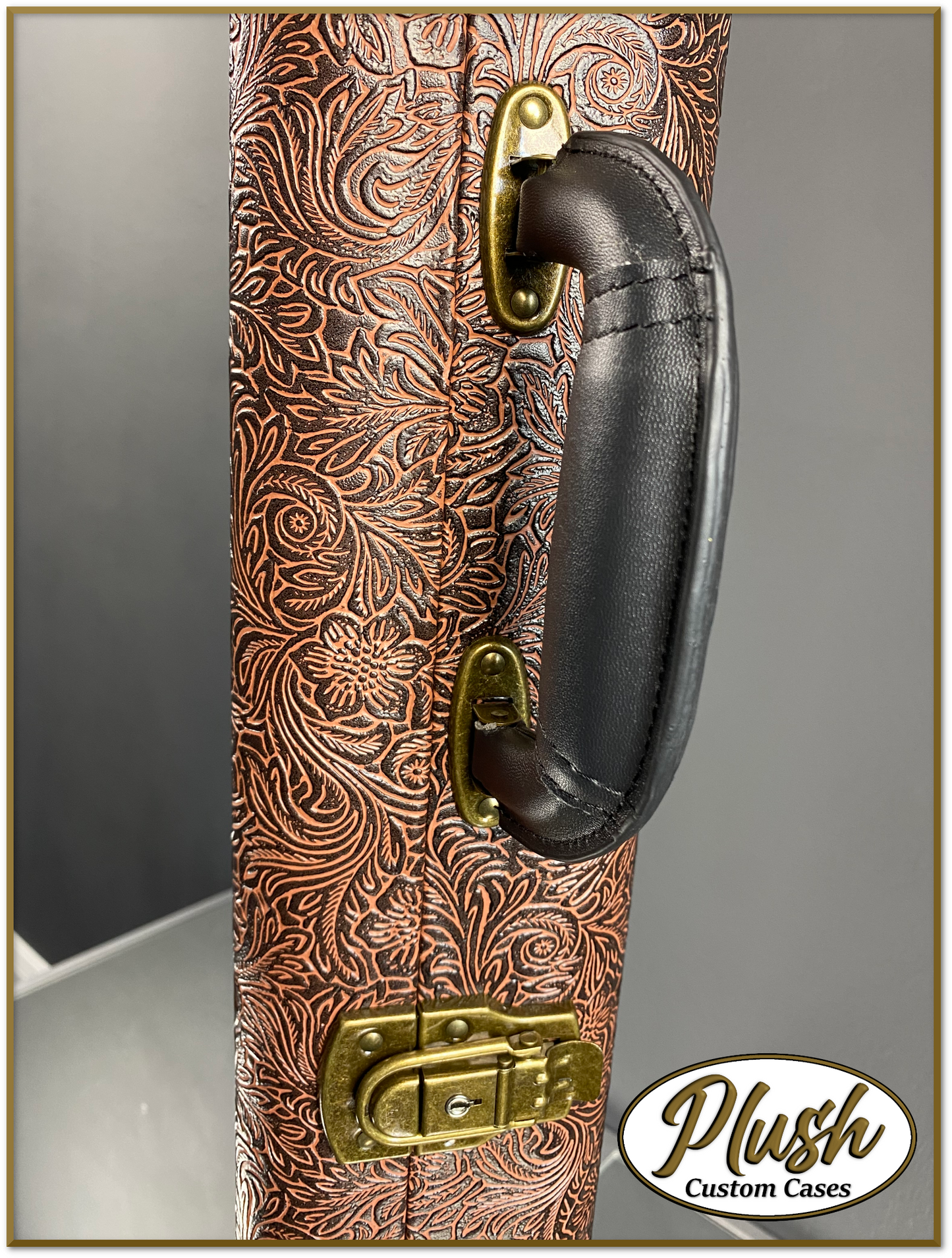 PlushCaster Tele®/Strat® Custom Guitar Case Tooled Leather Pattern 05 Black over Brown with Bronze Fur