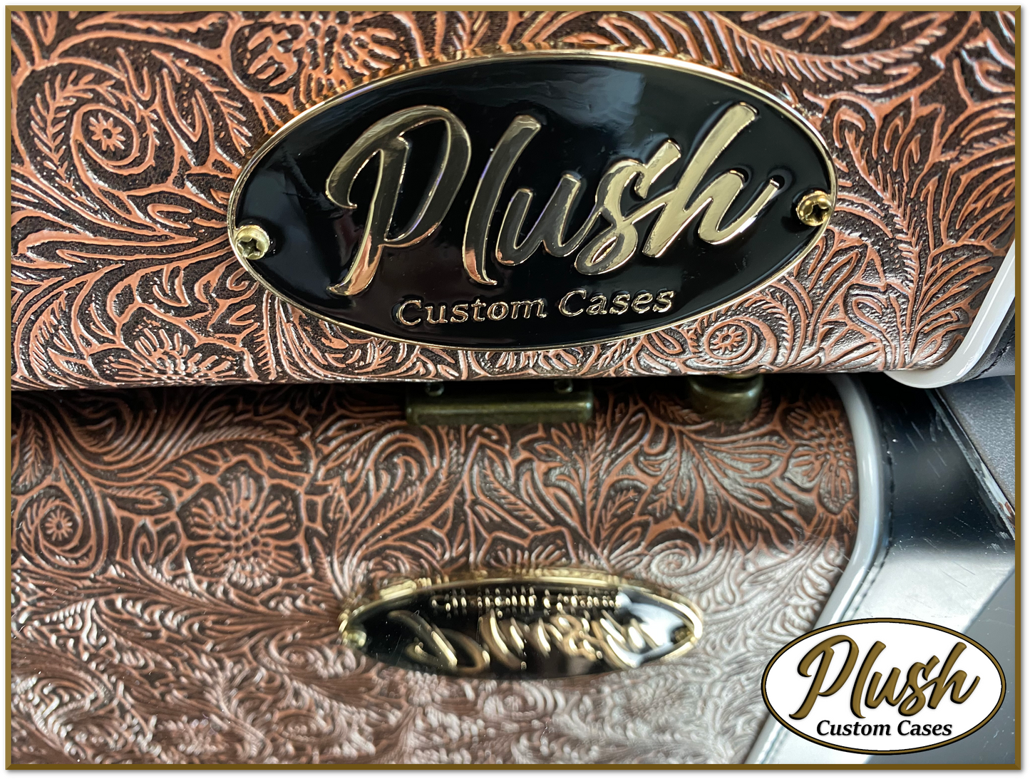 PlushCaster Tele®/Strat® Custom Guitar Case Tooled Leather Pattern 05 Black over Brown with Bronze Fur
